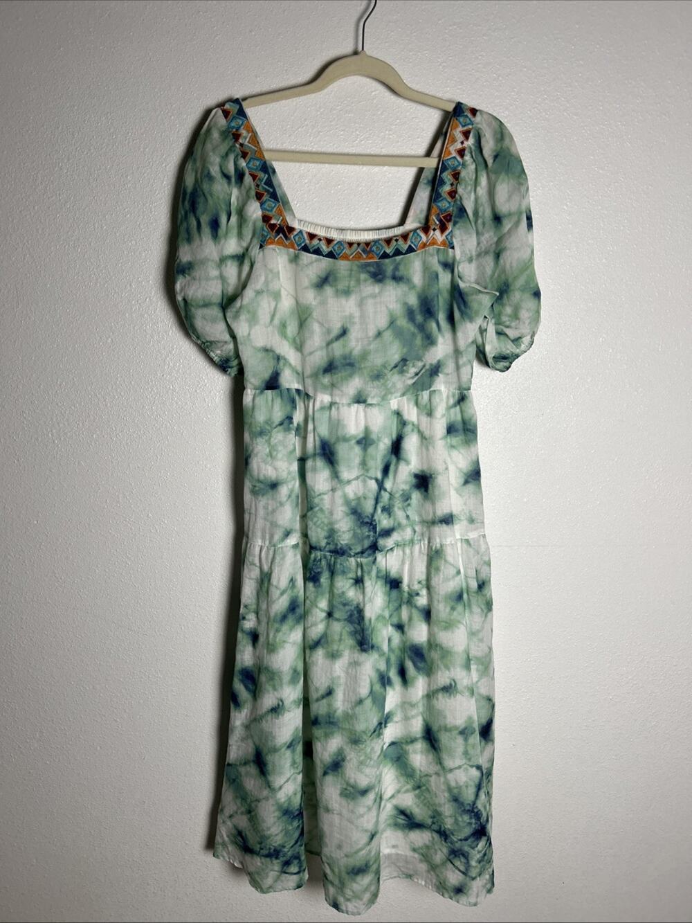 Johnny Was Workshop Jade Marble Puff Sleeve Embroidered Tie Dye Midi Dress Sz XS